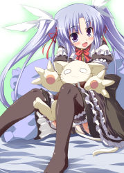 Rule 34 | 1girl, :3, :d, black thighhighs, blue hair, blush, dress, frilled dress, frills, garter straps, highres, maid, nanpuu, o o, open mouth, purple eyes, sitting, smile, stuffed animal, stuffed cat, stuffed toy, thighhighs, twintails