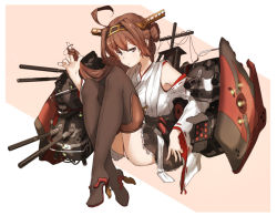 Rule 34 | 10s, 1girl, ahoge, amonitto, brown hair, hairband, headgear, japanese clothes, kantai collection, kongou (kancolle), long hair, machinery, nontraditional miko, solo, turret