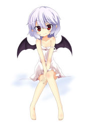 Rule 34 | 1girl, aged down, bare shoulders, barefoot, bat wings, blue hair, camisole, looking at viewer, massala, off shoulder, red eyes, remilia scarlet, short hair, sitting, smile, solo, strap slip, touhou, wings