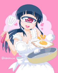 Rule 34 | 1girl, :d, apron, blue hair, blunt bangs, blush stickers, cyclops, egg (food), food, fried egg, frying pan, head tilt, heart, heart-shaped pupils, hitomi sensei no hokenshitsu, holding, long hair, looking at viewer, manaka hitomi, naked apron, notice lines, one-eyed, open mouth, pink background, pink eyes, round teeth, shake-o, simple background, smile, solo, spatula, symbol-shaped pupils, teeth, twitter username, white apron