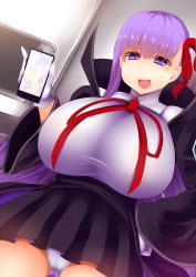Rule 34 | 10s, 1girl, absurdres, bb (fate), bb (fate/extra), bow, breasts, cameltoe, cellphone, facominn, fate/extra, fate/extra ccc, fate (series), gloves, hair bow, hand on own hip, highres, huge breasts, long hair, open mouth, panties, phone, purple eyes, purple hair, red bow, skirt, smartphone, smile, solo, underwear, very long hair, white gloves, white panties