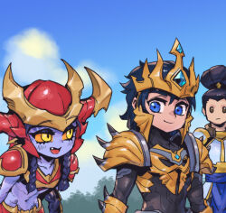 Rule 34 | 1girl, 2boys, armor, black bodysuit, black hair, blue eyes, blue skin, bodysuit, braid, breastplate, brown eyes, closed mouth, cloud, collarbone, colored sclera, colored skin, day, fang, gold armor, helmet, jarvan iv (league of legends), league of legends, leaning forward, long hair, looking at another, multiple boys, navel, orange sclera, outdoors, phantom ix row, ponytail, red armor, shoulder plates, shoulder spikes, shyvana, spikes, stomach, twin braids, upper body, xin zhao, yellow eyes