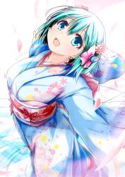 Rule 34 | 10s, 1girl, :d, aqua eyes, aqua hair, bow, breasts, divine gate, flower, from above, hair bow, hair flower, hair ornament, highres, japanese clothes, kimono, looking at viewer, looking up, medium breasts, nanaume (shichimi tougarashi), obi, open mouth, outstretched arms, petals, sash, short hair, smile, solo, spread arms, vivian (divine gate), yukata