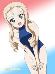 Rule 34 | 1girl, blonde hair, blue one-piece swimsuit, blush, breasts, drill hair, french flag, girls und panzer, green eyes, highres, long hair, looking at viewer, marie (girls und panzer), naotosi, one-piece swimsuit, open mouth, small breasts, smile, solo, swimsuit