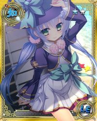 Rule 34 | 1girl, arm up, artist request, blue hair, card (medium), cropped jacket, dress, green eyes, hand on headwear, hat, houtou, jacket, koihime musou, long hair, sash, sitting, smile, solo, twintails, white dress, witch hat