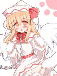 Rule 34 | 1girl, animal ears, ass, blonde hair, blush, collar, dog ears, dog tail, female focus, garter straps, hat, kemonomimi mode, lily white, long hair, ry (yagoyago), solo, tail, thighhighs, touhou, white background, white thighhighs, wings, yellow eyes