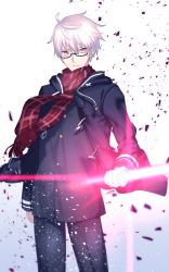 Rule 34 | 1boy, absurdres, adapted costume, ahoge, arthur pendragon (fate), artoria pendragon (all), artoria pendragon (fate), bad id, bad twitter id, cowboy shot, fate/grand order, fate (series), gakuran, genderswap, genderswap (ftm), glasses, gradient background, highres, male focus, mysterious heroine x alter (fate), mysterious heroine x alter (first ascension) (fate), saber (fate), scarf, school uniform, serious, seseragi azuma, simple background, solo, sword, weapon, white background, white hair, yellow eyes