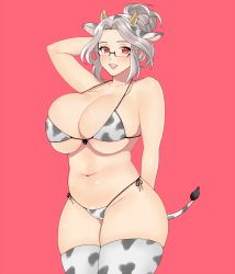 Rule 34 | 1girl, animal ears, animal print, arm behind back, arm behind head, bare arms, belly, breasts, cameltoe, collarbone, cow ears, cow horns, cow print, cow tail, glasses, groin, hand in own hair, horns, huge breasts, large breasts, last origin, looking at viewer, medium hair, navel, okuno (kcsp7228), okuno kcsp7228, open mouth, plump, ponytail, prototype labiata, red background, red eyes, shadow, silver hair, simple background, skindentation, smile, solo, strap gap, swimsuit, tail, thighhighs