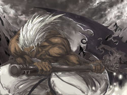 Rule 34 | 1boy, attack, axe, dark-skinned male, dark skin, grey background, grey theme, long hair, male focus, manly, mountain, muscular, pants, satomi (black scarecrow), scythe, topless male, solo, weapon, white hair