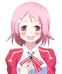 Rule 34 | 10s, 1girl, :d, bad id, bad pixiv id, blush, bow, bowtie, face, freckles, hair ornament, hairclip, hand on own chest, happy, hoshi mirin, lisbeth (sao), open mouth, pink hair, puffy sleeves, purple eyes, short hair, smile, solo, sword art online