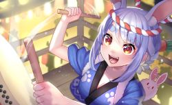 Rule 34 | alternate costume, alternate hairstyle, animal ear fluff, animal ears, blue hair, breasts, cleavage, commentary request, drum, drumming, happi, highres, hololive, imahuku, instrument, japanese clothes, lantern, medium breasts, multicolored hair, open mouth, orange eyes, outdoors, paper lantern, platform, rabbit ears, sidelocks, sleeves rolled up, smile, solo, streaked hair, symbol-shaped pupils, taiko drum, taiko sticks, thick eyebrows, usada pekora, virtual youtuber, white hair
