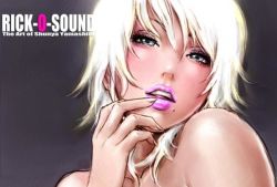 Rule 34 | 1girl, :d, blonde hair, blue eyes, close-up, finger to mouth, fingernails, lips, lipstick, long fingernails, looking at viewer, makeup, mole, naughty face, nude, open mouth, short hair, simple background, smile, solo, white hair, yamashita shun&#039;ya