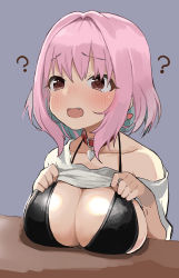 Rule 34 | 1girl, absurdres, aqua hair, bikini, black bikini, blue background, blush, breast rest, breasts, breasts on table, cleavage, clothes lift, collar, earrings, fang, grey background, highres, idolmaster, idolmaster cinderella girls, jewelry, large breasts, lifting own clothes, multicolored hair, nejiresyake, off shoulder, open mouth, pill earrings, pink hair, red collar, red eyes, shirt, shirt lift, simple background, solo, swimsuit, two-tone hair, upper body, white shirt, yumemi riamu