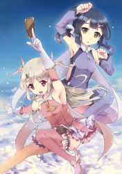 Rule 34 | 2girls, :d, above clouds, arm up, armpits, ascot, between fingers, black hair, blonde hair, boots, bridal garter, cape, card, cloud, commentary request, detached sleeves, dress, fate/kaleid liner prisma illya, fate (series), gloves, hair ornament, highres, holding, holster, illyasviel von einzbern, long hair, looking at viewer, magical girl, miyu edelfelt, multiple girls, open mouth, outstretched arm, pink footwear, purple footwear, red eyes, sky, smile, thigh boots, thigh holster, thighhighs, twintails, two side up, vixiq, white gloves, x hair ornament, yellow eyes