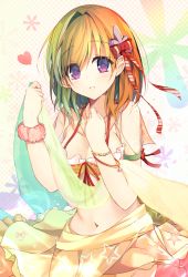 Rule 34 | 1girl, bad id, bad pixiv id, bare shoulders, blonde hair, commentary request, eyebrows, hair ornament, hair ribbon, highres, looking at viewer, minari (minari37), navel, original, purple eyes, ribbon, sarong, scrunchie, short hair, solo, stomach, swimsuit, upper body, wrist cuffs