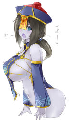 Rule 34 | 1girl, black hair, blue eyes, blue skin, blush, breasts, chinese clothes, cleavage cutout, clothing cutout, colored skin, hat, huge breasts, jiangshi, jiangshi (monster girl encyclopedia), large breasts, monster girl encyclopedia ii, naik, navel, ofuda, original, ponytail, qingdai guanmao, revealing clothes, sideboob, simple background, solo, talisman, undead, underboob, underboob cutout, white background