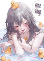 1girl absurdres bathing between_breasts blush breasts closed_eyes collarbone commentary_request drooling grey_hair hair_between_eyes hair_flowing_over hand_in_own_hair highres honkai:_star_rail honkai_(series) imagining large_breasts long_hair messy_hair mouth_drool nude open_mouth paid_reward_available panties partially_submerged petals petals_on_liquid pink_petals qiandaiyiyu rubber_duck sleeping solo speech_bubble stelle_(honkai:_star_rail) striped_clothes striped_panties thought_bubble toy_knife trailblazer_(honkai:_star_rail) trash_can underwear wet white_background