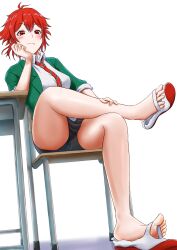 Rule 34 | 1girl, aizawa tomo, bare legs, barefoot, bike shorts, blush, chair, closed mouth, collared shirt, crossed legs, desk, fang, feet, hand on own cheek, hand on own face, highres, looking at viewer, necktie, red eyes, red hair, school chair, school desk, school uniform, shirt, shoe dangle, shoes, unworn shoes, short hair, simple background, sitting, toes, tomo-chan wa onna no ko, uriens, uwabaki, white background