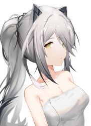 Rule 34 | 1girl, absurdres, animal ears, arknights, bare shoulders, breasts, cleavage, closed mouth, commentary, expressionless, grey hair, highres, long hair, looking at viewer, medium breasts, mikkan, naked towel, ponytail, schwarz (arknights), simple background, solo, towel, upper body, white background, yellow eyes