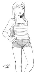 Rule 34 | 1girl, breasts, dagashi kashi, dated, ear piercing, endou saya, greyscale, hair ornament, hairclip, long hair, looking at viewer, monochrome, open mouth, piercing, sanpaku, shorts, signature, simple background, small breasts, solo, striped, tank top, tsukudani (coke-buta), white background