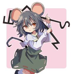 Rule 34 | 1girl, animal ears, black footwear, blush, capelet, commentary request, dowsing rod, feet out of frame, green skirt, green vest, grey hair, hair between eyes, holding, long bangs, long sleeves, mouse ears, mouse girl, mouse tail, nazrin, open mouth, orange eyes, pink background, shoes, short hair, skirt, skirt set, socks, solo, sparseseethe, tail, touhou, two-tone background, vest, white background, white capelet, white socks