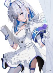 Rule 34 | 1girl, absurdres, amane kanata, amane kanata (nurse), angel wings, apron, armband, asymmetrical bangs, asymmetrical hair, bandaged arm, bandages, blue hair, breasts, cleavage cutout, clipboard, clothing cutout, colored inner hair, cowboy shot, curtains, dress, frilled dress, frills, garter straps, gloves, grey hair, hair ornament, hair over one eye, hat, highres, holding, holding clipboard, hololive, long hair, looking at viewer, medium skirt, multicolored hair, nurse cap, puffy short sleeves, puffy sleeves, purple eyes, short sleeves, signature, single hair intake, skindentation, skirt, small breasts, solo, thighhighs, virtual youtuber, waist apron, white background, white dress, white gloves, wings, x hair ornament, yo na