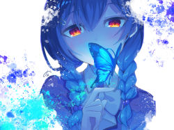 Rule 34 | 1girl, blue butterfly, blue hair, blue theme, blush, bow, braid, bug, butterfly, hair between eyes, hair bobbles, hair ornament, hairclip, idolmaster, idolmaster shiny colors, index finger raised, insect, long hair, looking at viewer, morino rinze, paint splatter, red eyes, signature, simple background, solo, sorano eika, twin braids, white background, white bow, white neckwear