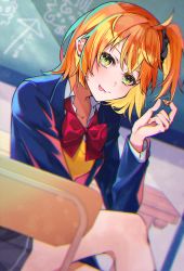 Rule 34 | 1girl, :p, black scrunchie, blazer, blue jacket, bow, bowtie, chair, chalkboard, collared shirt, dutch angle, fate/grand order, fate (series), fujimaru ritsuka (female), fujimaru ritsuka (female) (souya high school uniform), gradient eyes, highres, ichino tomizuki, indoors, jacket, looking at viewer, multicolored eyes, orange hair, pleated skirt, red bow, red bowtie, school, school chair, school uniform, scrunchie, shirt, side ponytail, sitting, skirt, solo, tongue, tongue out, vest, white shirt, yellow vest