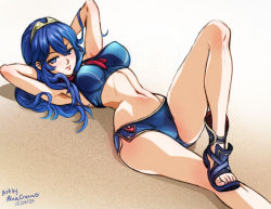 Rule 34 | 1girl, artist name, bikini, blue bikini, blue eyes, blue footwear, blue hair, breasts, closed mouth, dated, english text, fire emblem, hair between eyes, long hair, looking at viewer, lucina (fire emblem), lying, mina cream, nintendo, on back, on ground, sand, sandals, solo, swimsuit, tiara, toenails, toes