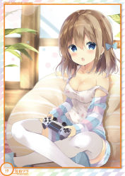 Rule 34 | 1girl, artist name, bare shoulders, blue bow, blue eyes, blush, border, bow, breasts, camisole, cleavage, collarbone, controller, day, dualshock, game controller, gamepad, hair between eyes, hair bow, highres, holding, holding controller, indian style, indoors, leaf, looking at viewer, medium breasts, medium hair, non-web source, off shoulder, open mouth, original, otona no moeoh, page number, plant, playstation controller, saeki sora, short shorts, shorts, sitting, sleeves past wrists, slippers, solo, strap slip, striped clothes, striped shorts, thighhighs, white thighhighs, window