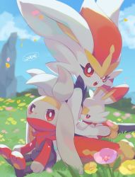 Rule 34 | bright pupils, cinderace, cloud, commentary request, creatures (company), day, evolutionary line, flower, game freak, gen 8 pokemon, grass, izobe, looking at viewer, looking back, nintendo, open mouth, outdoors, petals, pink flower, pokemon, pokemon (creature), raboot, red eyes, scorbunny, signature, sitting, sky, teeth, toes, tongue, upper teeth only, white pupils, yellow flower