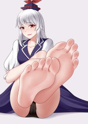 Rule 34 | 1girl, absurdres, barefoot, commission, feet, foot focus, foreshortening, grey background, highres, kamishirasawa keine, long hair, looking at viewer, panties, pantyshot, parted lips, pixiv commission, red eyes, silver hair, simple background, soles, solo, toes, touhou, underwear