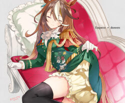 Rule 34 | 1girl, aiguillette, animal ears, ascot, belt, black thighhighs, bloomers, breasts, brown hair, chaise longue, closed eyes, closed mouth, dated, dress, english text, epaulettes, feet out of frame, gloves, green dress, grey background, horse ears, horse girl, horse tail, long hair, long sleeves, lying, medium breasts, merueto, on side, petticoat, pillow, shirt, simple background, single epaulette, small breasts, smile, solo, symboli rudolf (umamusume), tail, thighhighs, twitter username, umamusume, underwear, white gloves, white shirt