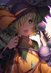 Rule 34 | 1girl, :d, abstract background, collared shirt, commentary, english commentary, eyeball, frilled sleeves, frills, green eyes, green hair, hair between eyes, hair over one eye, hat, hat ribbon, heikokuru1224, highres, holding, holding knife, holding weapon, knife, komeiji koishi, looking at viewer, mary-san, open mouth, phone, ribbon, shadow, shirt, short hair, smile, solo, third eye, touhou, upper body, urban legend in limbo, wavy hair, weapon, wide sleeves, yellow ribbon, yellow shirt