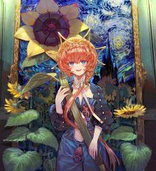 Rule 34 | 1girl, belt, blue eyes, braid, brown hair, csyday, fate/grand order, fate (series), flower, hat, highres, long hair, navel, painting (object), signature, smile, solo, starry night, sunflower, van gogh (fate), zipper pull tab