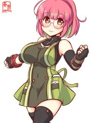 Rule 34 | 1girl, :3, ahoge, alternate costume, artist logo, black dress, black gloves, black thighhighs, breasts, commentary request, cosplay, cosplay request, cowboy shot, daiba canon, dated, dress, fighting stance, fingerless gloves, glasses, gloves, god eater, god eater 2: rage burst, green dress, green hair, hair between eyes, kanon (kurogane knights), kantai collection, large breasts, looking at viewer, multicolored hair, one-hour drawing challenge, pink-framed eyewear, pink hair, ponytail, red eyes, short hair, simple background, sleeveless, sleeveless dress, smile, solo, streaked hair, thighhighs, turtleneck, two-tone dress, ume (kancolle), white background