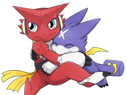 Rule 34 | 2others, closed eyes, digimon, digimon (creature), dragon, embarrassed, fang, gumdramon, highres, hug, multiple others, scar, scarf, shoutmon king ver., smile, wings