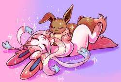 Rule 34 | :3, ^ ^, blush, closed eyes, commentary, creature, creatures (company), eevee, english commentary, flufflixx, full body, game freak, gen 1 pokemon, gen 6 pokemon, gradient background, happy, lying, nintendo, no humans, on back, on stomach, pokemon, pokemon (creature), purple background, signature, simple background, sparkle, sylveon