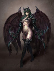 Rule 34 | 1girl, armor, boots, breasts, demon girl, dual wielding, green hair, holding, horns, knife, neongun, original, panties, pointy ears, solo, thigh boots, thighhighs, thong, underboob, underwear, weapon, wings