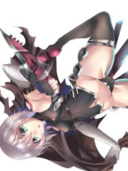 Rule 34 | 1girl, arm belt, artist request, bandaged arm, bandages, bare shoulders, black gloves, black panties, blush, breasts, cameltoe, curvy, dagger, facial scar, fate/apocrypha, fate/grand order, fate (series), fingerless gloves, from below, gloves, green eyes, holding, holding dagger, holding knife, holding weapon, jack the ripper (fate/apocrypha), jumping, knife, looking at viewer, looking down, lowleg, lowleg panties, navel, open mouth, panties, scar, scar across eye, scar on cheek, scar on face, shiny skin, short hair, shoulder tattoo, silver hair, simple background, single glove, small breasts, solo, tattoo, thighhighs, thighs, thong, underwear, weapon, white background