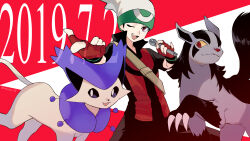 1boy beanie brendan_(pokemon) claws colored_sclera creatures_(company) dated delcatty fingerless_gloves game_freak gen_3_pokemon gloves hat highres holding holding_microphone microphone mightyena nintendo one_eye_closed open_mouth pokemon pokemon_(creature) pokemon_adventures red_gloves red_shirt rozu_ki shirt teeth upper_teeth_only white_hat yellow_sclera