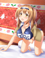Rule 34 | 1girl, all fours, bed, blue one-piece swimsuit, blush, breasts, brown eyes, brown hair, brown jacket, collarbone, from above, headband, highres, i-26 (kancolle), indoors, jacket, kantai collection, kyamu (qqea92z9n), large breasts, long hair, looking at viewer, new school swimsuit, on bed, one-piece swimsuit, open mouth, school swimsuit, smile, solo, swimsuit, twintails