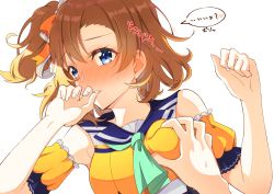 Rule 34 | 1girl, 1other, absurdres, bare shoulders, biting, biting own thumb, blue eyes, blush, breasts, breasts squeezed together, commentary request, crop top, detached sleeves, embarrassed, eyelashes, fingernails, groping motion, hair ribbon, heart, heart in eye, highres, kosaka honoka, love live!, love live! school idol festival, love live! school idol project, natsumeyuki (siroyuki026), neckerchief, one side up, orange hair, pov, pov hands, ribbon, short hair, simple background, speech bubble, symbol in eye, biting own thumb, w arms, white background