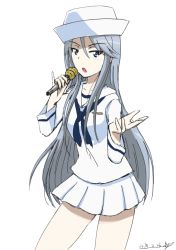 Rule 34 | 10s, 1girl, :o, artist name, blouse, bukkuri, cowboy shot, dated, dixie cup hat, flint (girls und panzer), girls und panzer, grey hair, hat, holding, holding microphone, long hair, long sleeves, looking at viewer, microphone, military hat, miniskirt, music, neckerchief, ooarai naval school uniform, open mouth, pinky out, pleated skirt, sailor, school uniform, shirt, signature, simple background, singing, sketch, skirt, solo, standing, white background, white hat