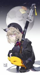 Rule 34 | 1girl, animal ear fluff, animal ears, arknights, beret, black background, black footwear, black hat, black jacket, black shirt, black skirt, blonde hair, breasts, closed mouth, collared shirt, commentary request, glasses, gradient background, hair ornament, hairclip, hat, hat ribbon, highres, jacket, katana, large breasts, loafers, looking at viewer, looking to the side, medium hair, moon, neck ribbon, official alternate costume, pen, pink eyes, pleated skirt, rai (97417), red ribbon, ribbon, sheath, sheathed, shirt, shoes, signature, skirt, solo, squatting, star (sky), sword, tail, tassel, thighhighs, utage (arknights), utage (disguise) (arknights), weapon, white background, yellow thighhighs