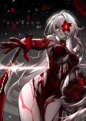 Rule 34 | 1girl, absurdres, acheron (honkai: star rail), blood, blood censor, blood on breasts, blood on chest, body markings, breasts, colored extremities, commentary, flower, hair over one eye, highres, honkai: star rail, honkai (series), long hair, looking at viewer, official alternate color, official alternate eye color, official alternate hair color, pale skin, red eyes, red hands, ringeko-chan, solo, very long hair, white hair