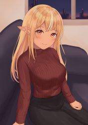 Rule 34 | 1girl, absurdres, benson4109, black skirt, blonde hair, breasts, brown sweater, casual, closed mouth, dark-skinned female, dark skin, elf, highres, hololive, indoors, large breasts, long hair, long skirt, long sleeves, looking at viewer, multicolored hair, orange eyes, pointy ears, ribbed sweater, shiranui flare, sitting, skirt, smile, solo, streaked hair, sweater, sweater tucked in, turtleneck, virtual youtuber