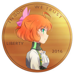 Rule 34 | 10s, 1girl, 2016, ahoge, bow, coin, english text, freckles, green eyes, hair bow, half updo, highres, iesupa, name connection, object namesake, orange hair, penny polendina, profile, pun, round image, rwby, smile, solo