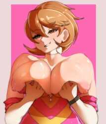 Rule 34 | 1girl, bare shoulders, bracelet, breasts, brown eyes, clothes, collar, elbow gloves, female focus, gloves, grin, highres, jewelry, large breasts, light brown hair, looking at viewer, nipples, okaimikey, open clothes, persona, persona 3, persona 4: the ultimate in mayonaka arena, short hair, smile, solo, takeba yukari, white gloves