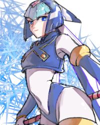 Rule 34 | 1girl, android, armpits, blue eyes, bodysuit, capcom, helmet, holding, fairy leviathan (mega man), looking at viewer, looking to the side, navel, mega man (series), mega man zero (series), small breasts, smile, solo, wide hips